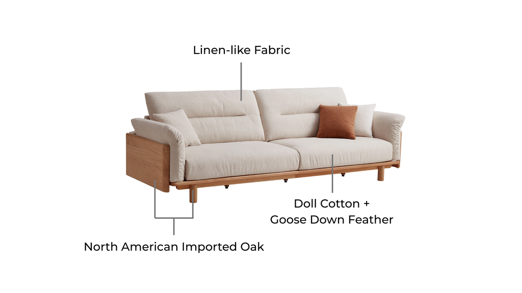 Naevora Cream Linen-Like Fabric Solid Wood Sofa