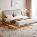  Gray Genuine Leather Floating Bed with Ambient Light 