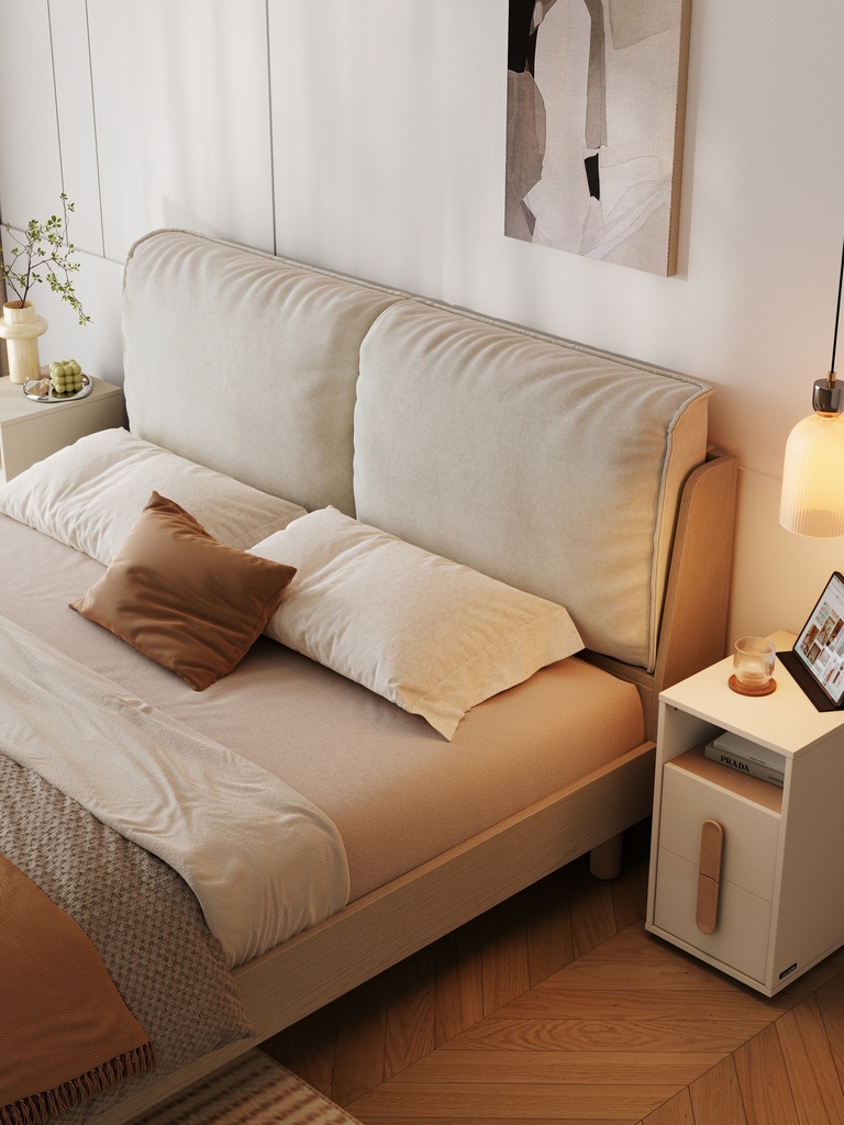 Sashna Soft Fabric Padded Solid Wood Bed