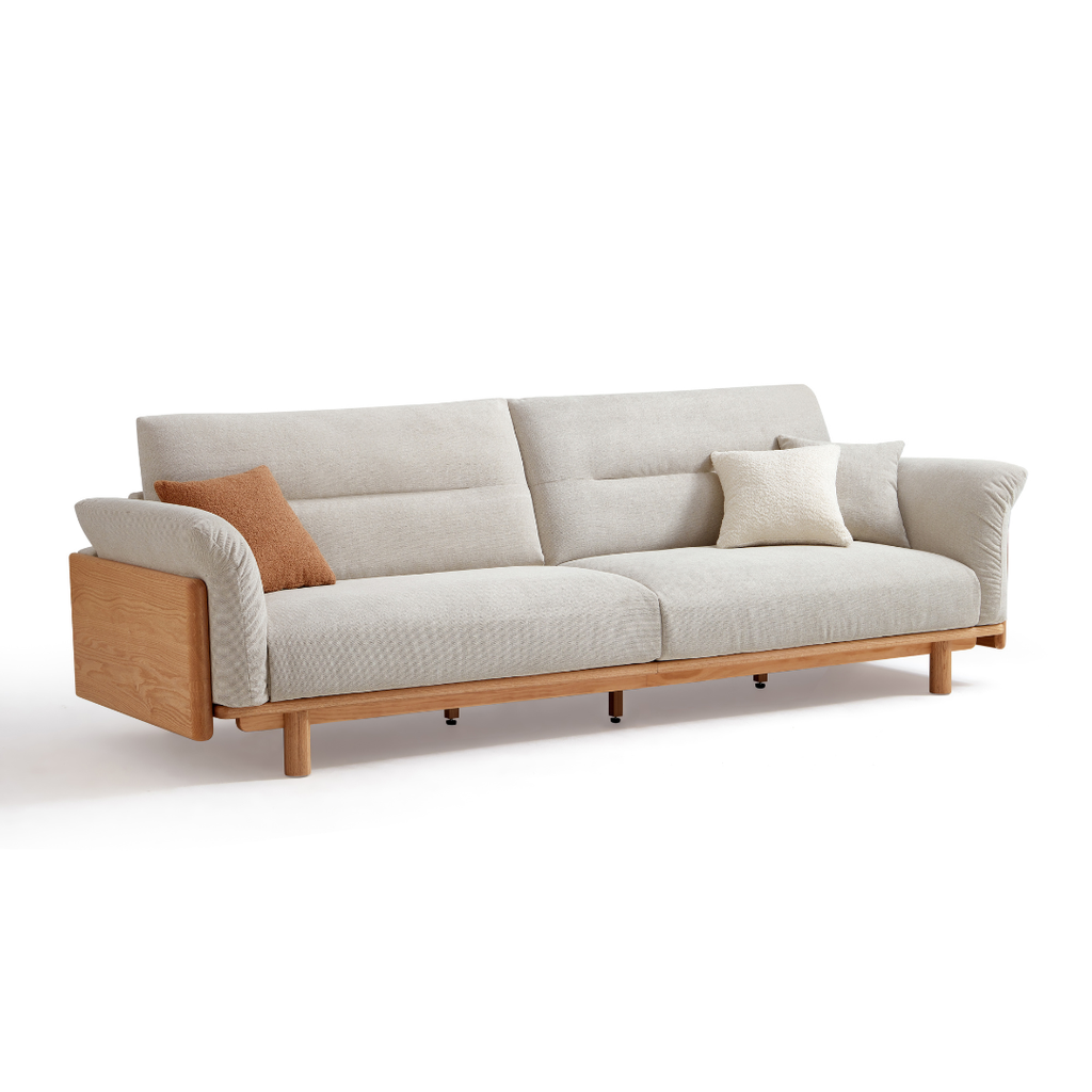 Naevora Cream Linen-Like Fabric Solid Wood Sofa
